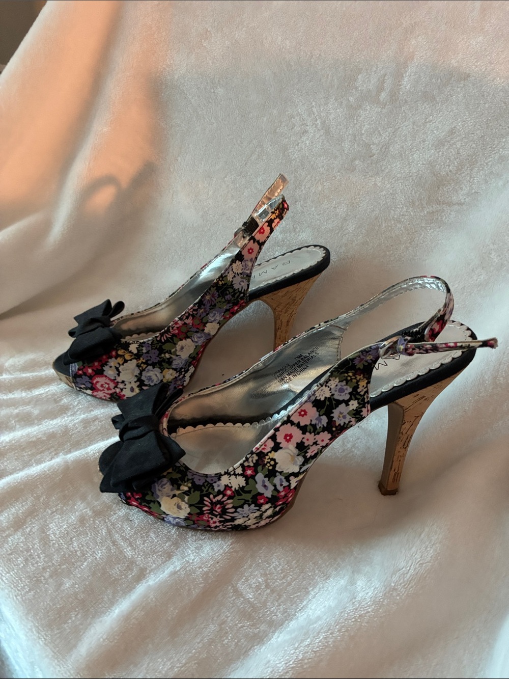 Rampage Black Floral Peep-Toe Slingback Heels with Bow Accent